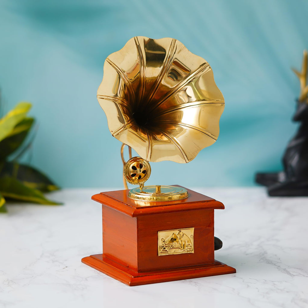 JaipurCrafts Premium Sparkle Square Gramophone Showpiece - 23 cm (Brass, Brown, Gold) (Brown, Gold)