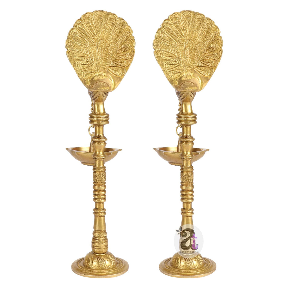 Artvarko Pair of Bird Peacock Hanging Chain Diya Oil Lamp Stand Brass Hindu Religious Puja Fengshui for Home Decor Temple Diwlai Puja Decorative Gift 9 Inches