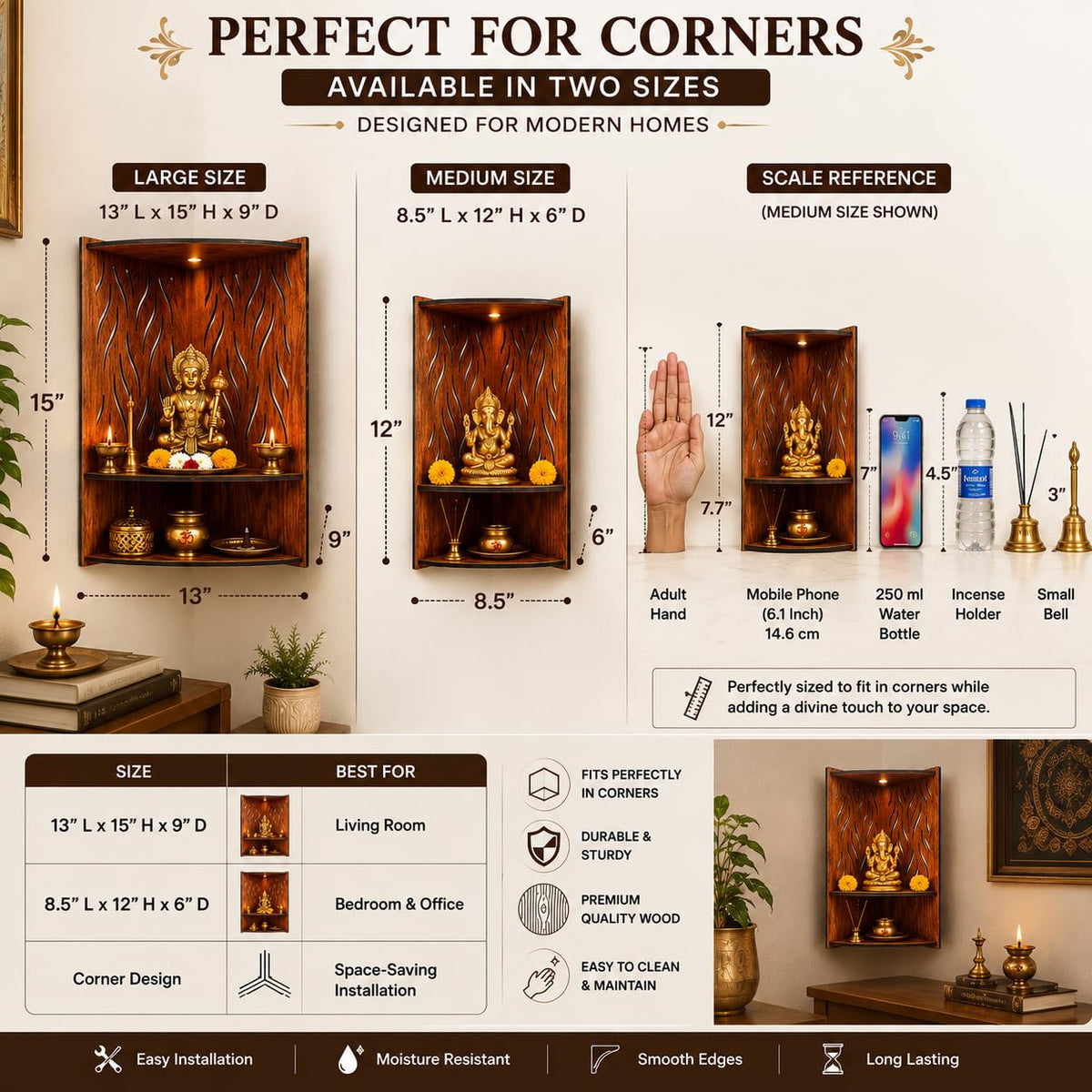 Aarohan Wooden Wall Mounted Pooja Mandir for Home | 2 Tier Hanging Temple with Ganesha Design | Space Saving Wooden Home Temple for God Idols (VWPM-L-105X155X35)