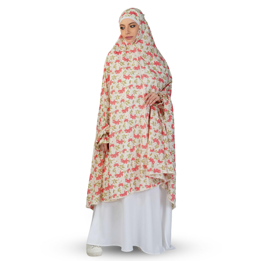 ANA Noor Jahan Pink Hibiscus Floral Prayer Dress – Pure Cotton Namaz Makhna with Tie Knot, 50″ Front × 58″ Back | Attached Sleeves | Lightweight, Breathable for Hajj, Umrah & Salah