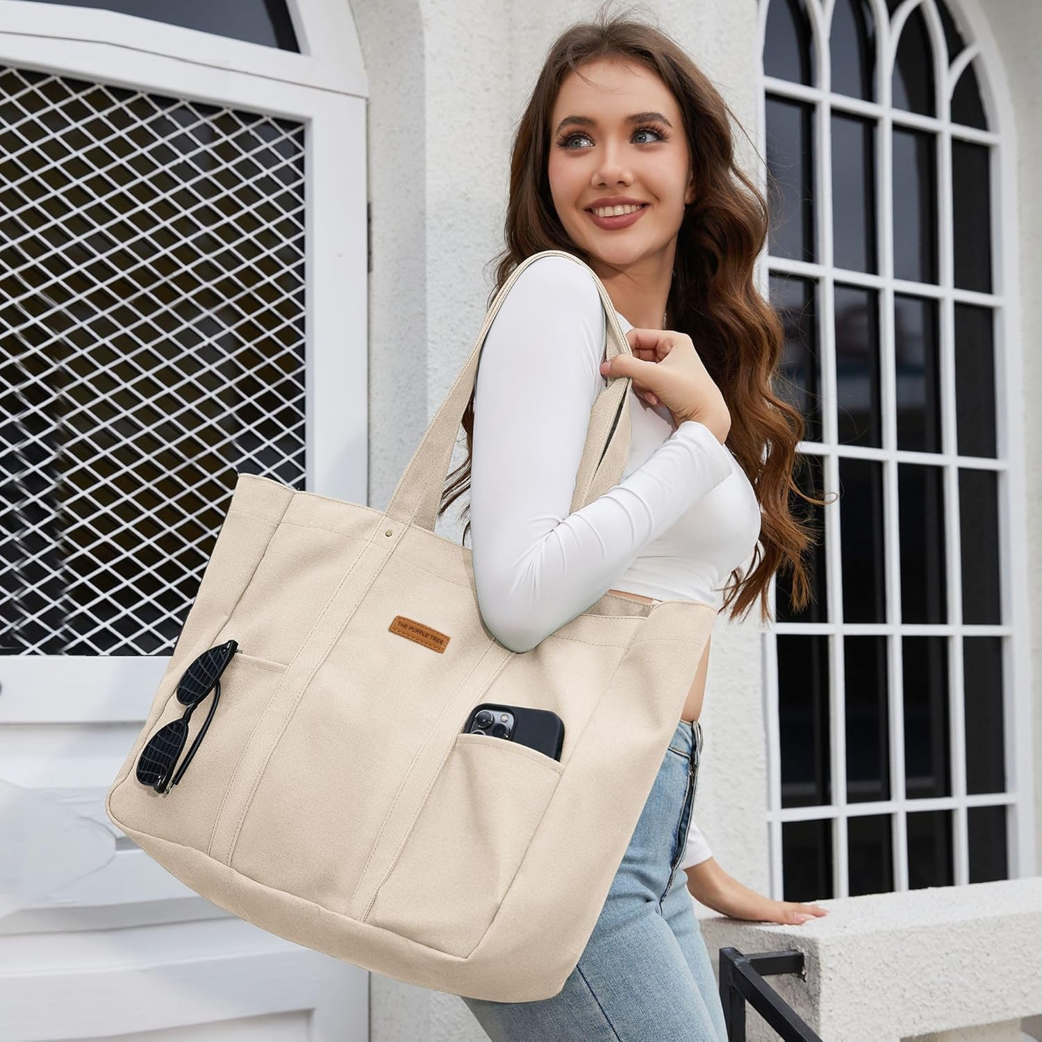 The Purple Tree Canvas Tote Bag for Women, Extra Large Tote Bag with Pockets, Zipper Closure, Durable Cotton Travel Tote for Work, Gym, Picnic, Grocery, Shopping & Everyday Use