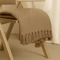 Furnistitchs Bohemian Cotton Sofa Throw Blanket 50x60 inches | Waffle Knit & Chevron Pattern with Fringes | Aesthetic Decorative Couch Throw for Living Room & Bedroom (Light Brown) Kafalo