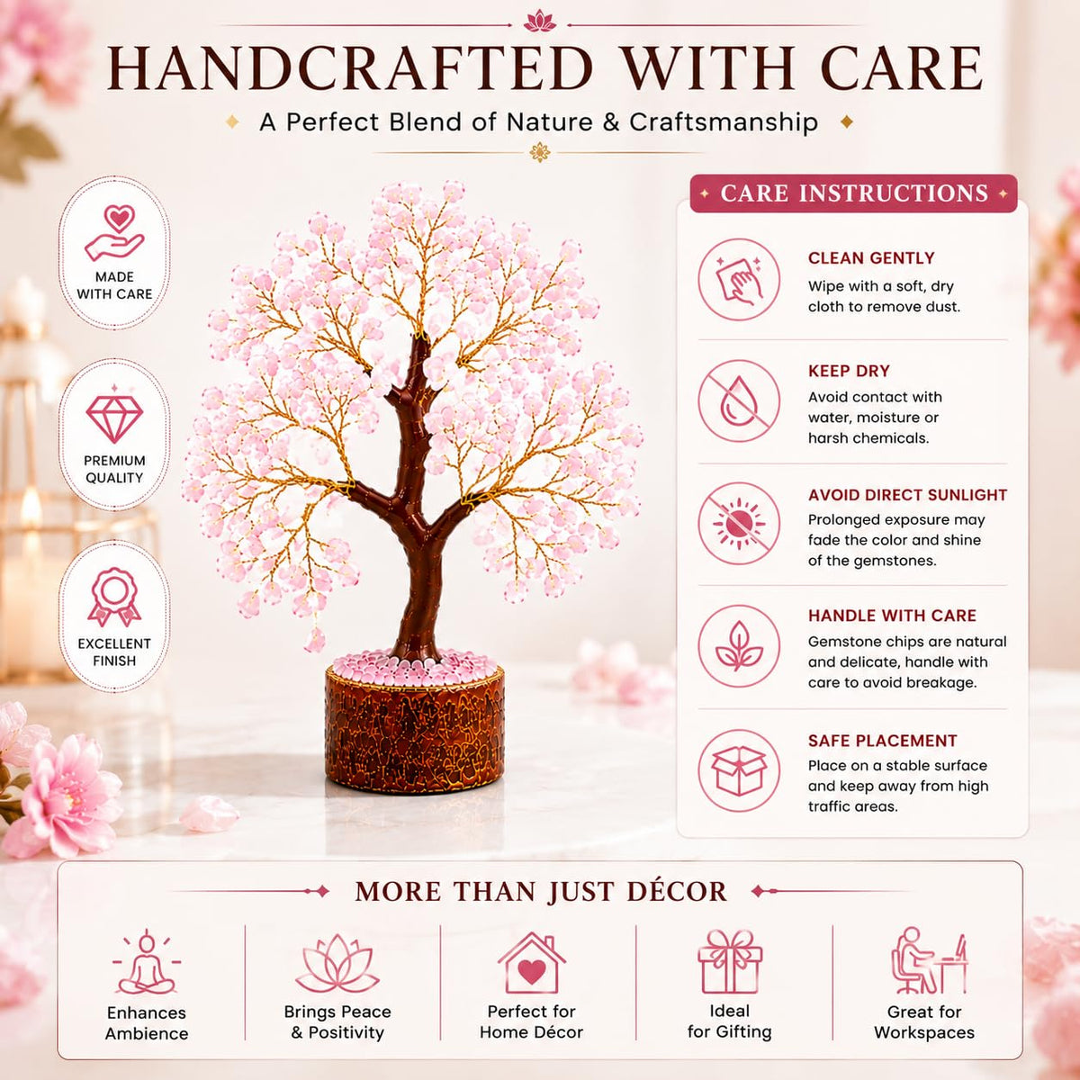 LXOMES Rose Quartz Crystal Tree, with Natural Gemstone and Golden Wire, 10