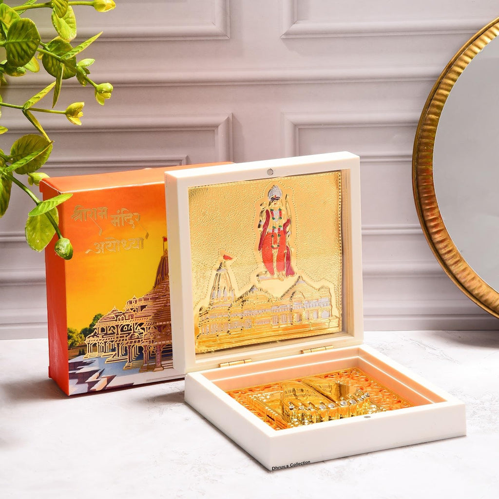 DHRUVS COLLECTION Gold Plated Ayodhya Ram Mandir with Ram Charan Paduka, 3D Temple Replica for Home Mandir, Pooja Room, Office Decor, Spiritual Gift