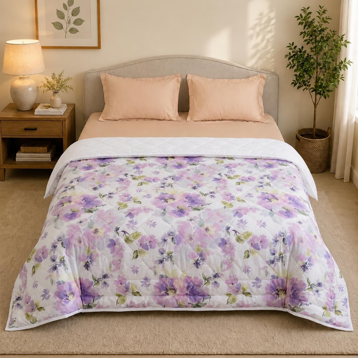Linen Home Cotton Reversible AC Blanket Double Size Floral Purple & White Kafalo