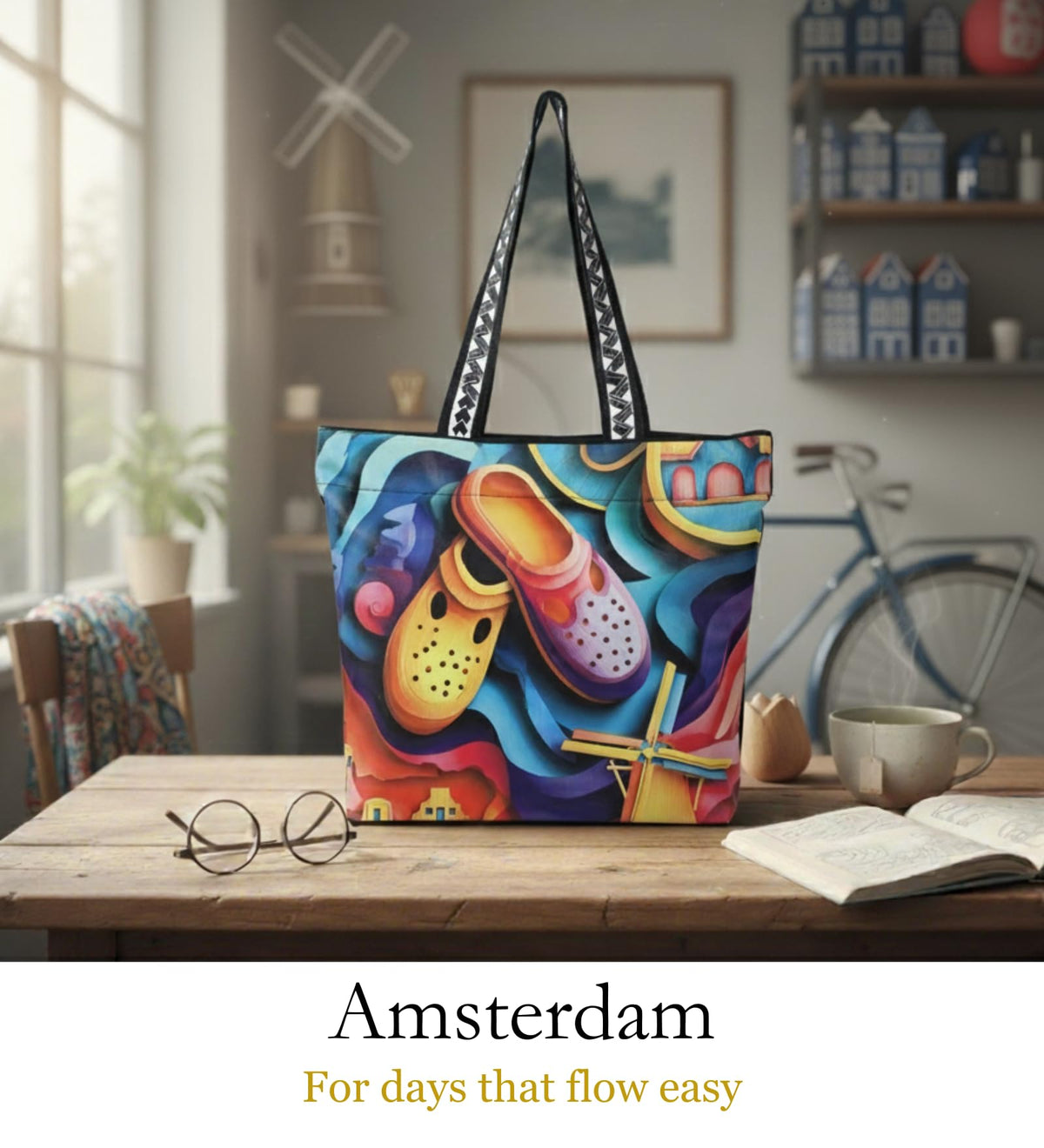 WOTM On The Move Tote | Premium Printed Cotton Canvas Tote Bag with Zipper & Inside Pocket, Stylish Everyday Travel Bag for Work, College, Office, Travel, Shopping (Amsterdam)