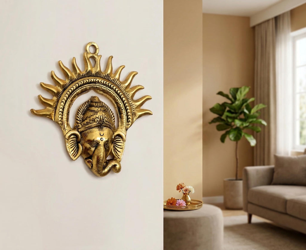 KridayKraft Ganesha Face Wall Hanging, Gold, Metal, 19 cm x 17 cm, 180 gm, Sun Halo Design