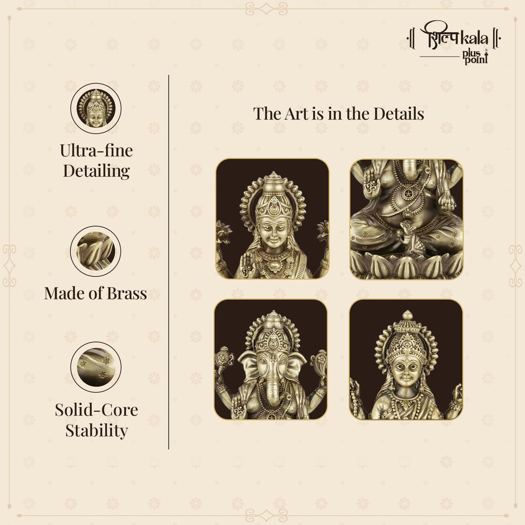 Shilpkala 5 Inch Ganesh, Laxmi & Saraswati Ji Brass Idol (Statue, Murti) for Table, Home & Office Decor, Worship & Gift
