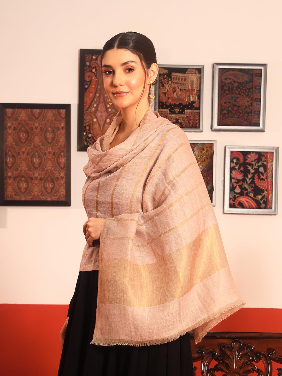 Pashmoda Women Parallel Grace Reversible Zari Moonlight Fine Wool Stole (Size : 28x80in, 71X203cm) ZSST06