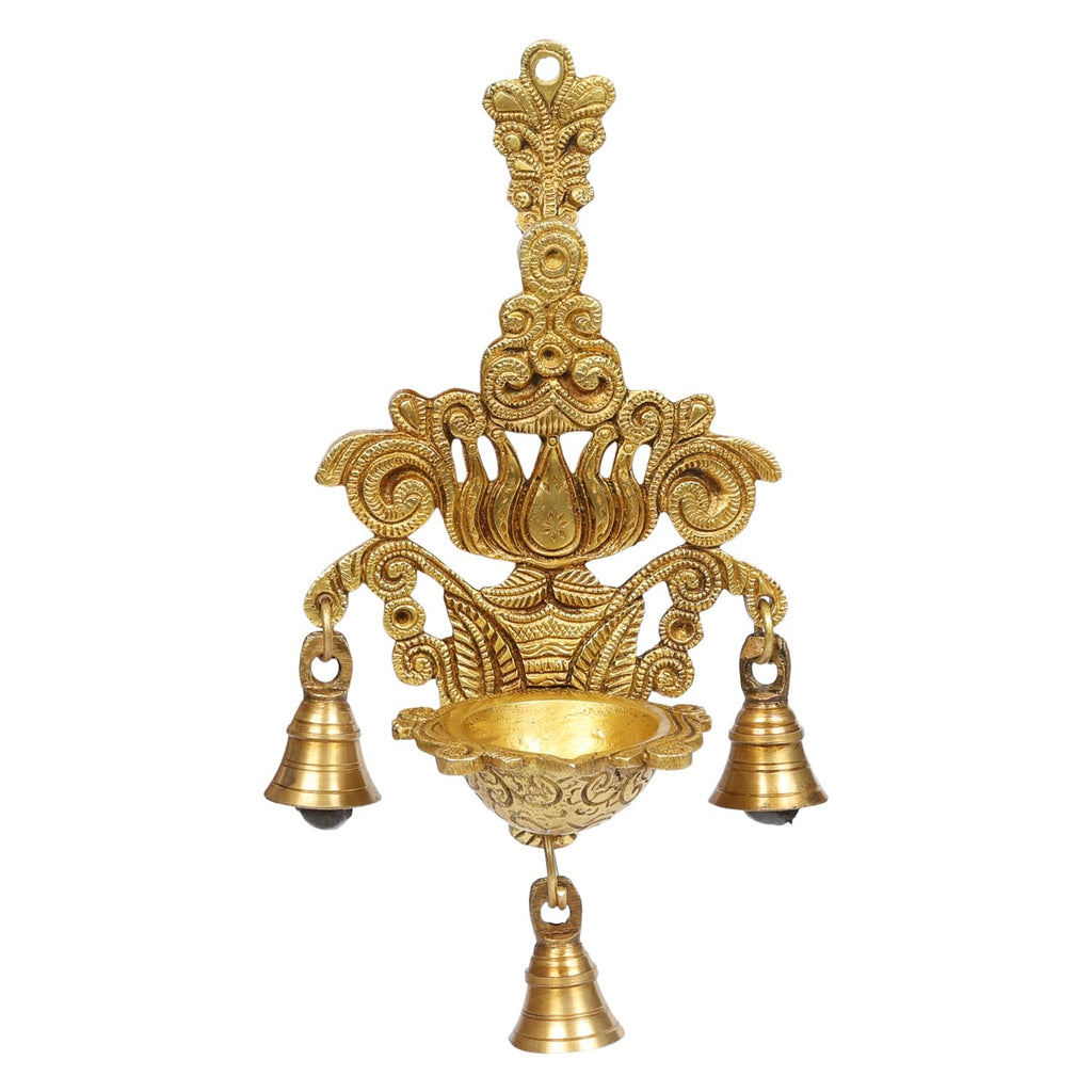 ARTVARKO Brass Diya with Three Hanging Bells on Chain Designer Lotus Kamal Wall Diya Home Office Décor Deepak Decorative Deepam Showpiece Gifting 10 Inch