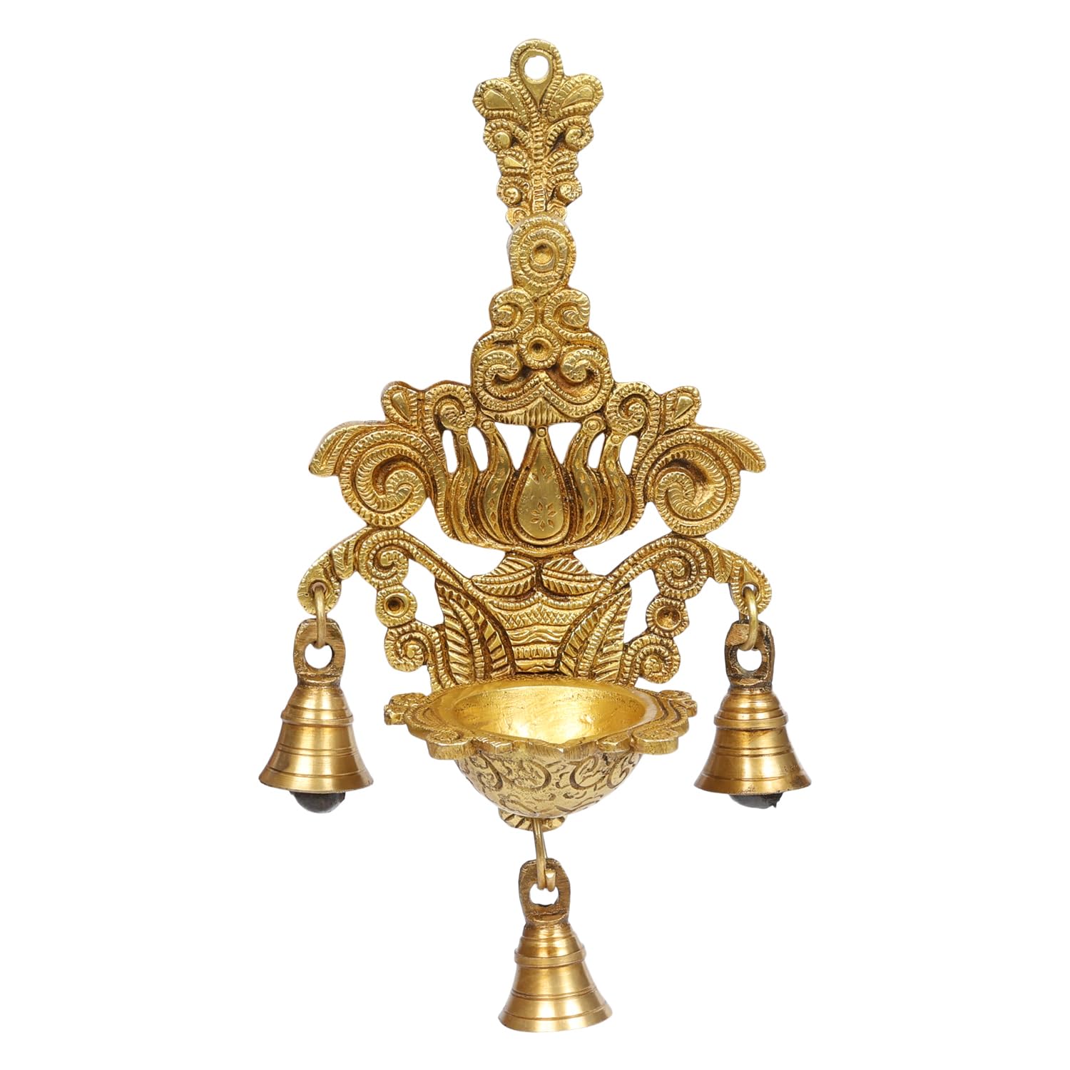 ARTVARKO Brass Diya with Three Hanging Bells on Chain Designer Lotus Kamal Wall Diya Home Office Décor Deepak Decorative Deepam Showpiece Gifting 10 Inch