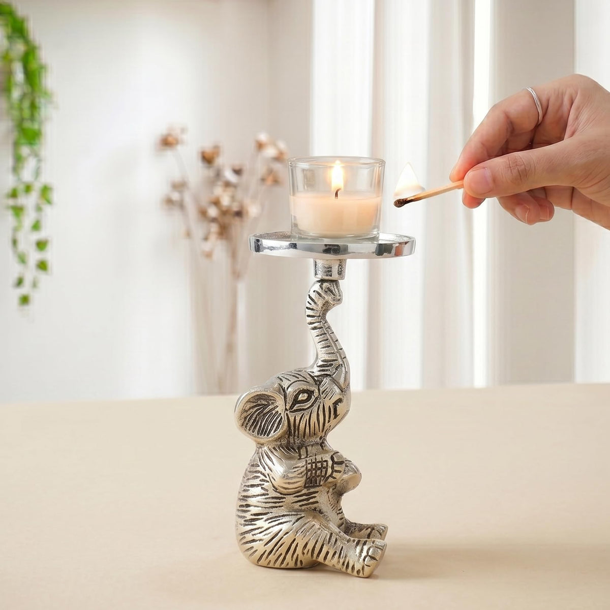 Kridaykraft Baby Elephant Figurine T-Light Candle Holder Silver (15 cm, 300 gm) — Decorative Sitting Elephant Showpiece for Home Decor, Diwali Gifting, and Table Accents. (Candle Not Included)