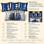 Vendola Decorative Satin Sofa Cushion Covers Set of 5, 24 Inch x 24 Inch 5 Piece, Sofa Big Cushion Pillow Cover, Navy Blue, White and Grey Colour, Floral Design, Zipper Closure (EDL, 24X24 Inches)