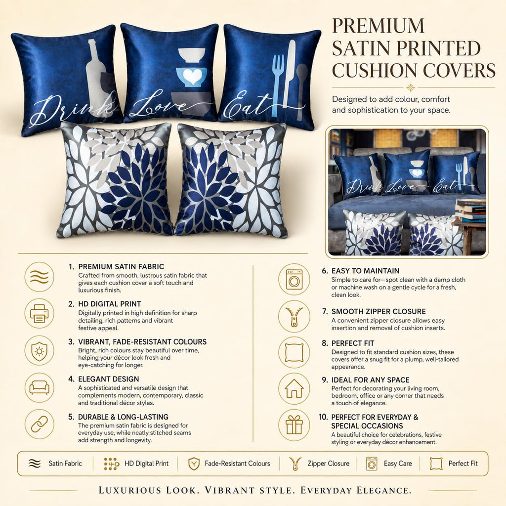 Vendola Decorative Satin Sofa Cushion Covers Set of 5, 20 Inch x 20 Inch, Sofa Cushion Pillow Cover, Navy Blue, White and Grey Colour, Floral Design, Zipper Closure (EDL, 20X20 Inches)