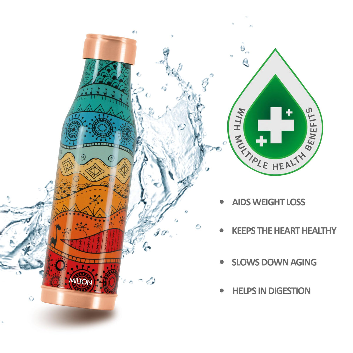 MILTON Copper Charge Design Water Bottle, 850 ml, Tribal Pattern | Lacquer Coating, Curved bottle | Diwali | Festive | Gifting | Yoga | Home | Kitchen | Vedic