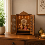 FA6 Wooden Home Temple Mandir for Pooja Room 3 MM Premium MDF Laser Cut Pooja Mandir with Doors & Storage Shelf Compact Tabletop Home Temple 15 x 12 x 7 Inch