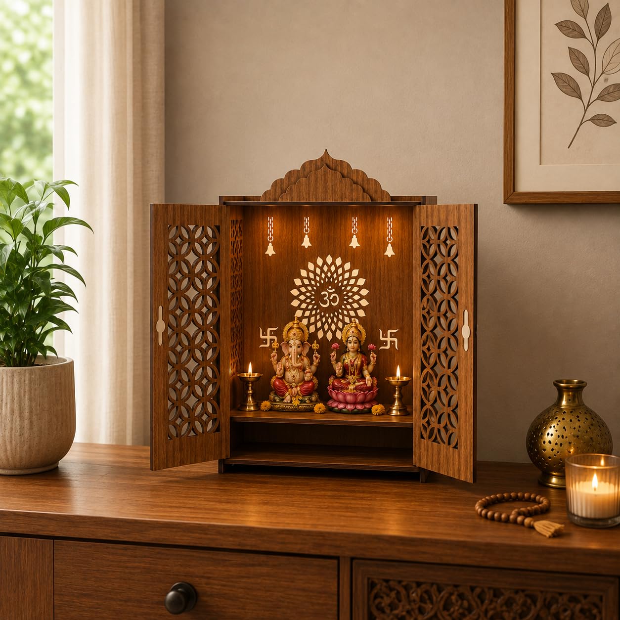 FA6 Wooden Home Temple Mandir for Pooja Room 3 MM Premium MDF Laser Cut Pooja Mandir with Doors & Storage Shelf Compact Tabletop Home Temple 15 x 12 x 7 Inch