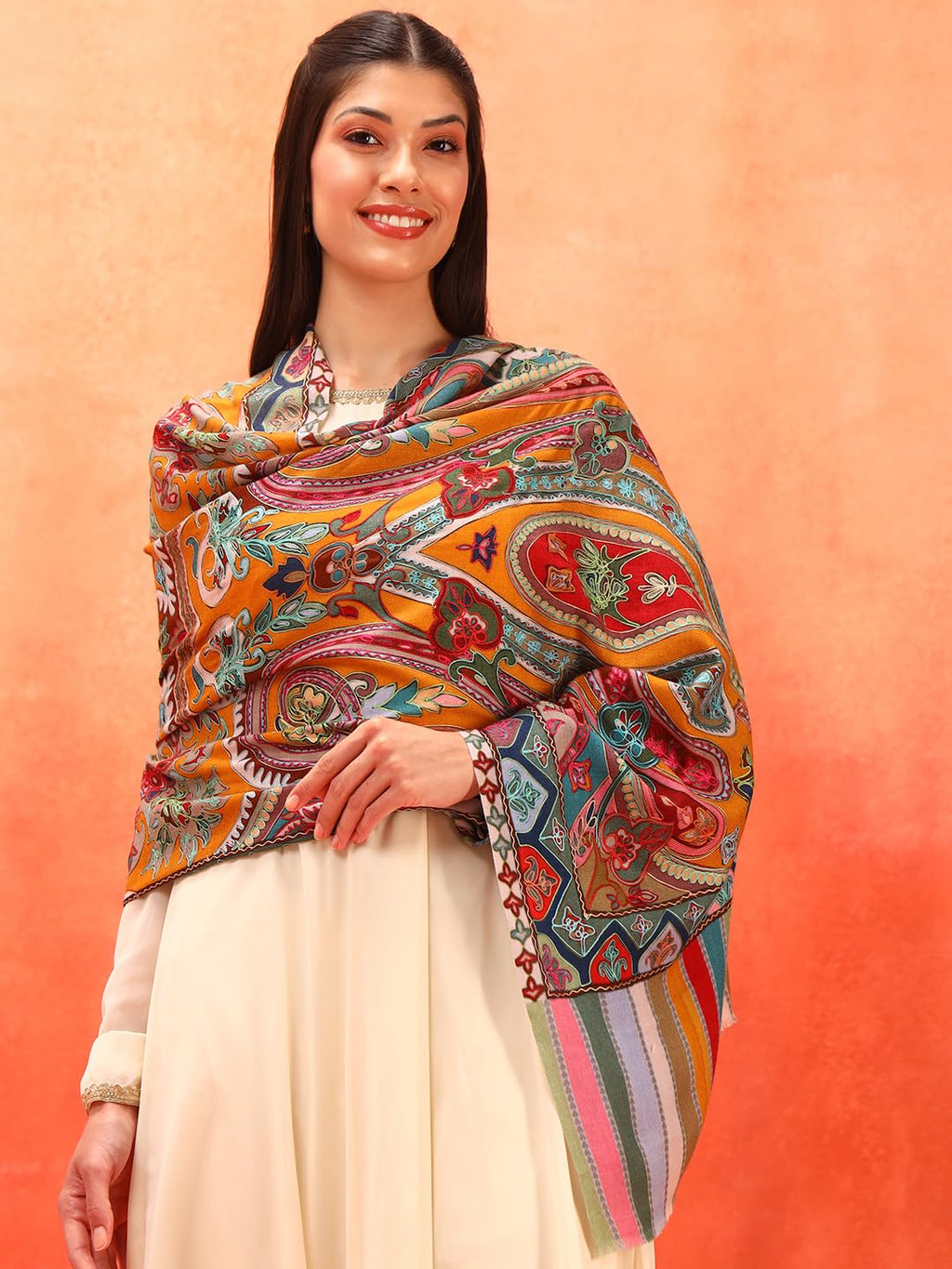 Pashmoda Women Rangdil 100% Pure Wool Fabric Kalamkari Embroidered Stole, Shawl and Wrap, Sustainable and Natural Fabric, Heritage Kashmiri Pashmina (Size 28x80 Inches) Mustard Colour