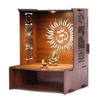 PIXIEDAISY Wooden Temple for Home with LED Light | Wall Mounted Pooja Mandir for Home & Office | Beautiful Wooden Pooja Stand for Living Room, Prayer Room & Hindu Temple Décor (Om with Jali)