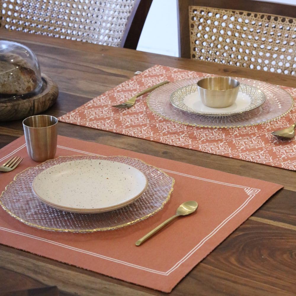 THE YARD HOUSE Placemats - Reversible & Wipeable Cotton Placemats (Agra Red, Set of 4) Kafalo
