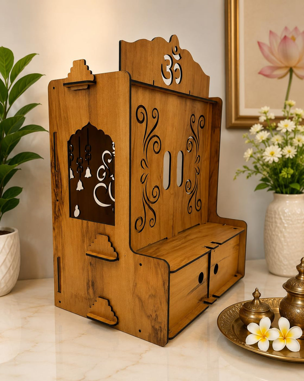 EXPRO Wooden Om & Ganesha Classic Cut Mandir with Drawer for Home Temple