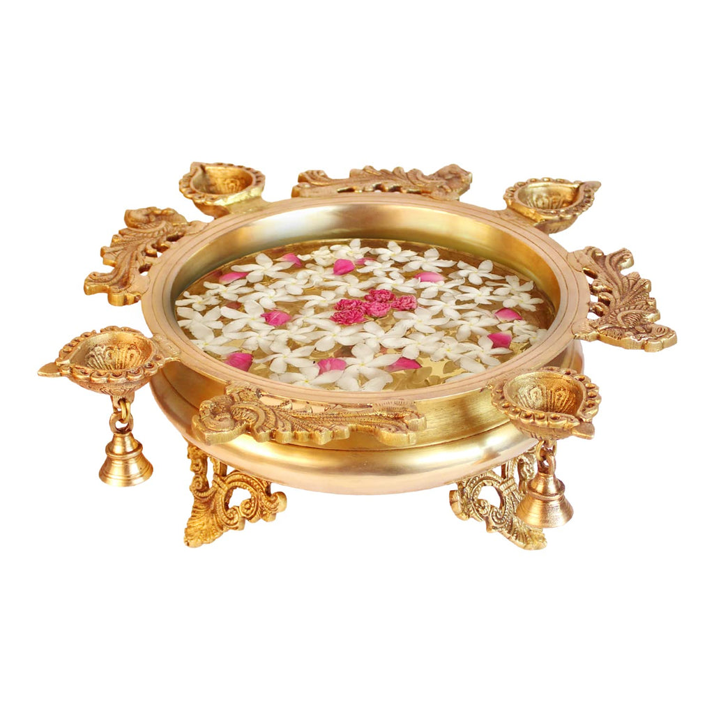 ARTVARKO Peacock Design Traditional Brass Urli with Diyas and Bells Flower Candles Home and Office Decoration Gift 15 Inch,Gold Color
