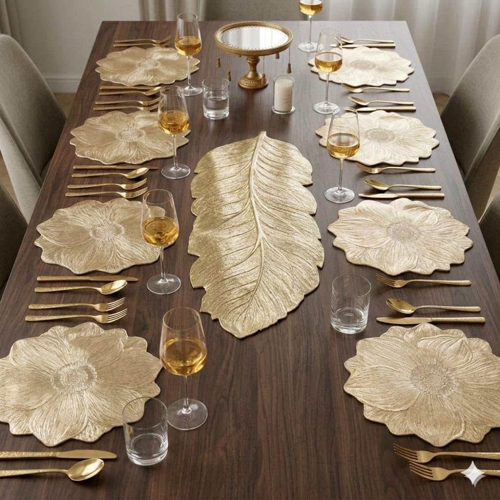 Premium Dining Table Mat Set with Center Table Runner Leaf Texture Design for Kitchen,Dining Room and Home Table (Sunflower Table mat +Tropical Leaf Table Runner, Pack of 9 (8+1)) Kafalo