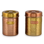 Elan Dabbahs and Days Stainless Steel Round Chai & Cheeni Canister Jar for Tea Sugar Coffee and Snacks Stylish Food Safe Storage Jar For Grocery (800 ml each, Set of 2, Copper and Antique Gold Finish)