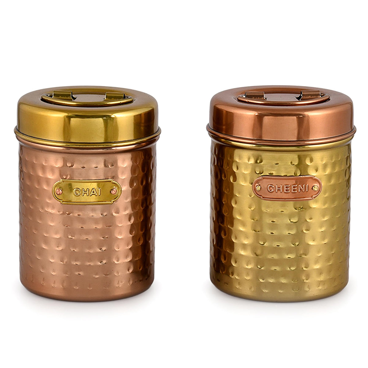 Elan Dabbahs and Days Stainless Steel Round Chai & Cheeni Canister Jar for Tea Sugar Coffee and Snacks Stylish Food Safe Storage Jar For Grocery (800 ml each, Set of 2, Copper and Antique Gold Finish)