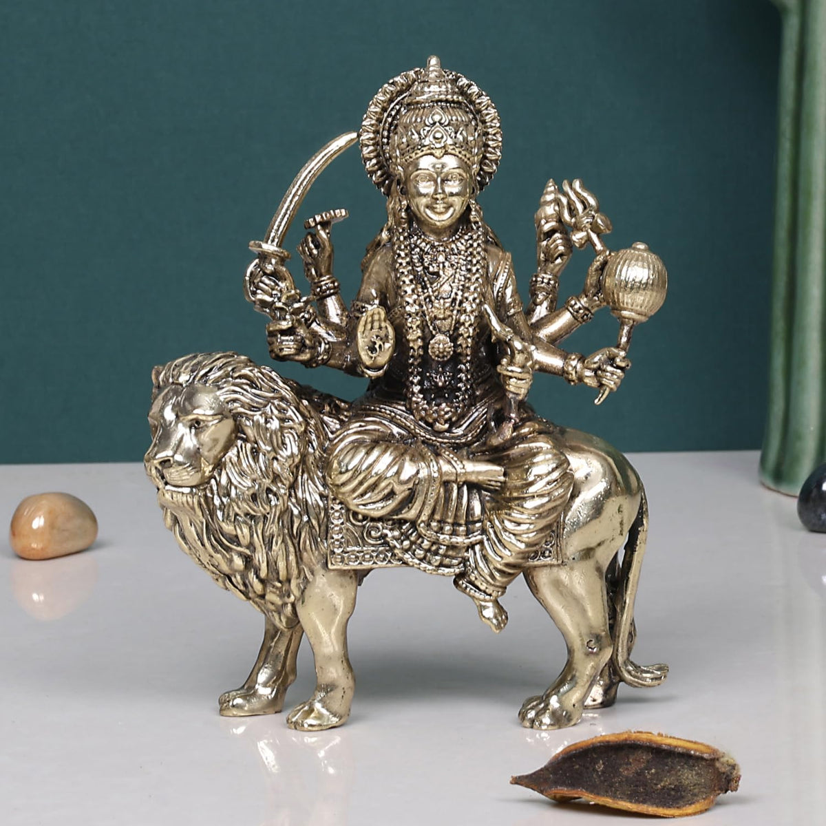 SVARUP Fine Brass Goddess Durga Maa Sitting On Lion Idol MATA Sherawali Murti Statue Figurine Home Temple Height: 5 Inch