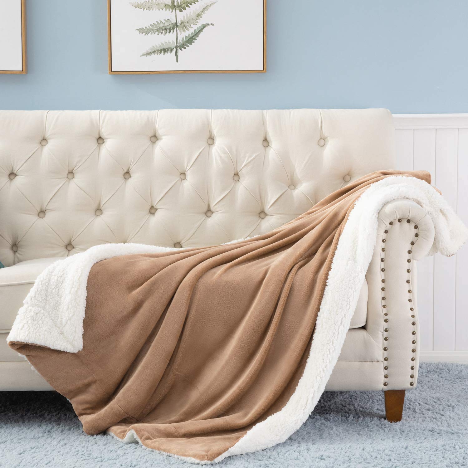 VAS COLLECTIONS Super Soft Reversible Sherpa Blanket for Double Bed (86×88 in / 218×224 cm) 2.8 kg, 570 GSM – Polyester Micromink and Sherpa Flannel, Heavy Winter Use, Solid Light Brown Kafalo