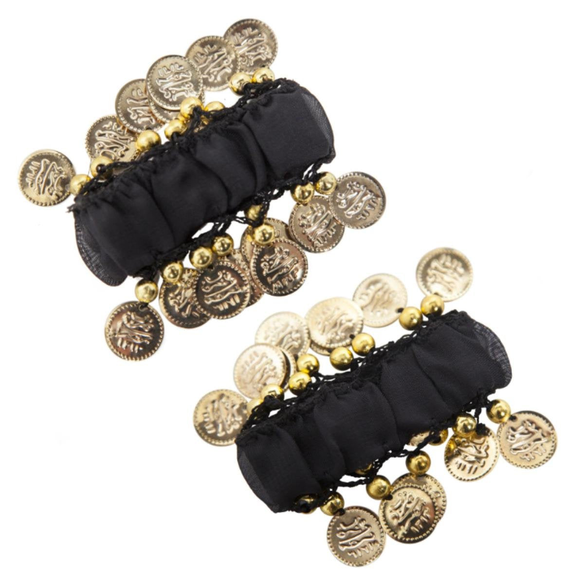 VRITRAZ Women's Chiffon Belly Dance Hip Scarf Waistband Belt Colors Beads and Golded Coins (Gold, Pack of 3)