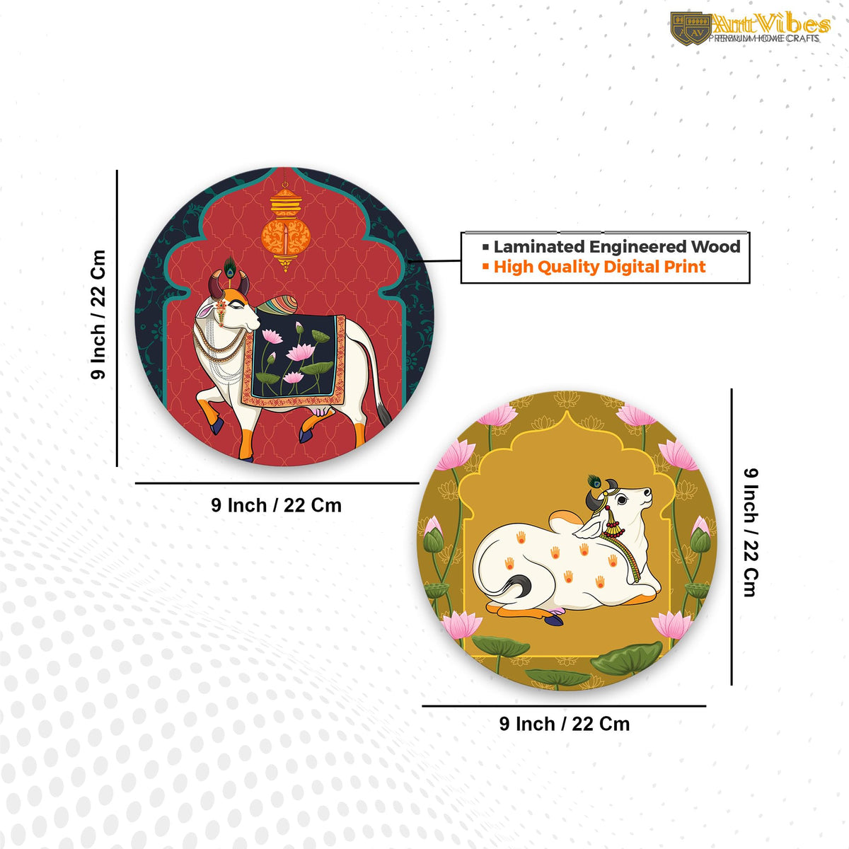 Artvibes Sacred Cow Pichwai Art Round Shape MDF Wooden Wall Decor Items | Living Room | Handcrafted Art | Wall Poster | Aesthetic Wooden Decor | Art Print | Unique Gift Items (WH_8802N), Set of 2