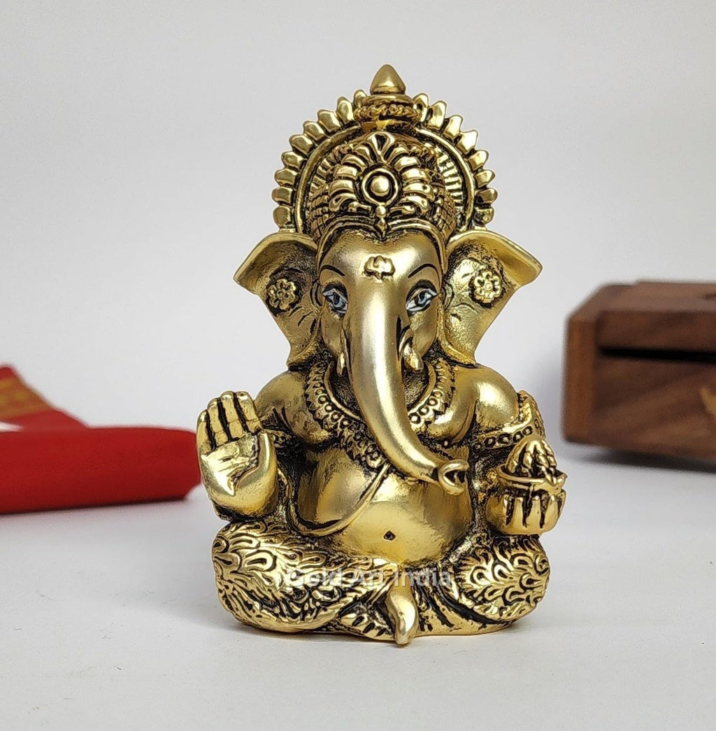 Gold Art India Ganesha Idol | Ganesh Statue for Home Decor | Ganesha murti for Office Desk, & Ganpati Idol for Car Dashboard | Unique Wedding & Birthday Gift (Gold Antique 3.5)