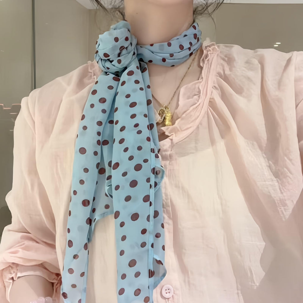 embroidery Silk Scarf, Stylish Scarf for Women, Elegant Silk Scarf for Women, Blue Brown Polka Dot Pattern, Lightweight Fashion Accessory