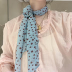 embroidery Silk Scarf, Stylish Scarf for Women, Elegant Silk Scarf for Women, Blue Brown Polka Dot Pattern, Lightweight Fashion Accessory