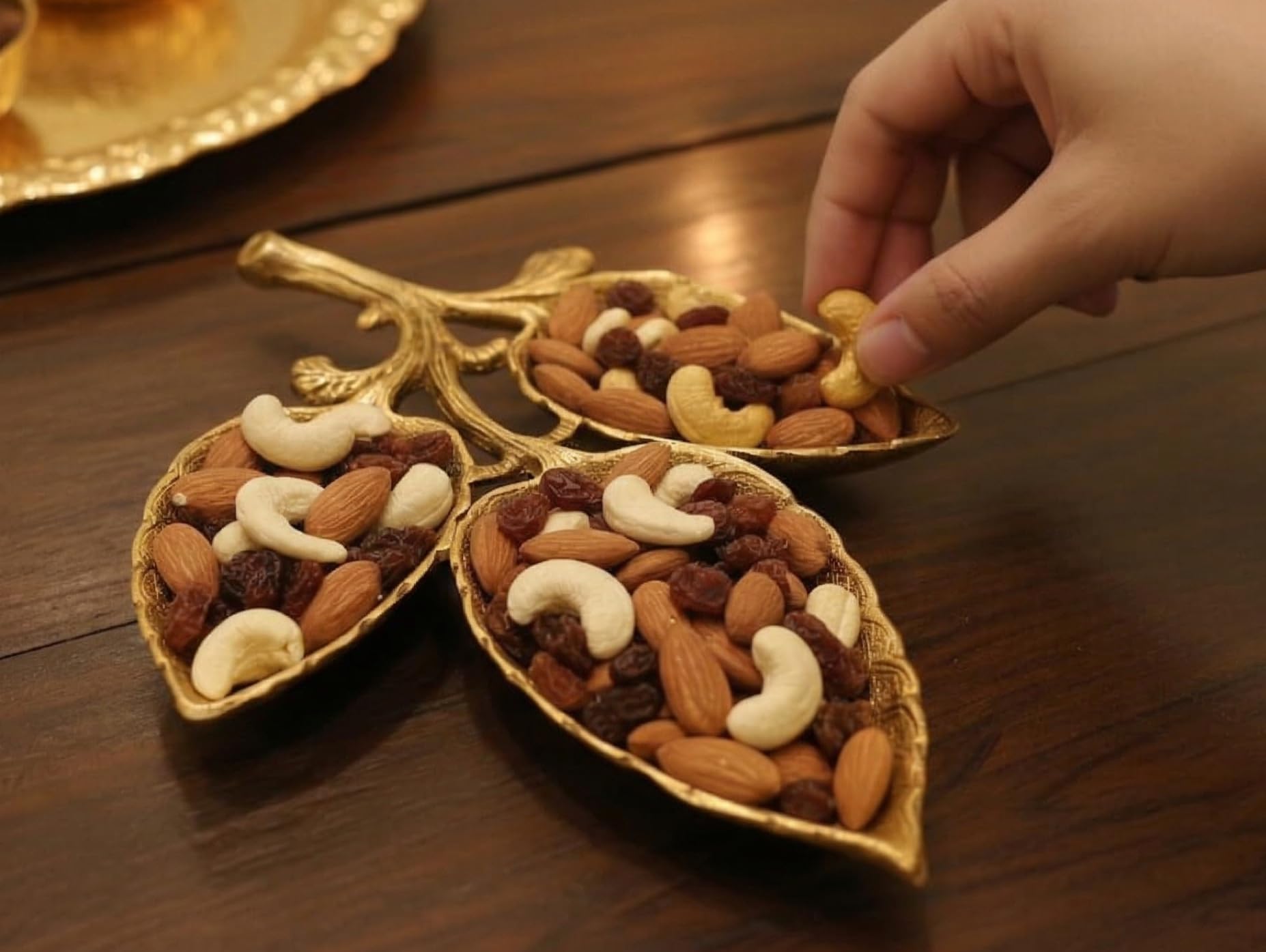 Kridaykraft Metal Gold Polish Leaf-Shaped 3-Section Dry Fruit Tray, 17x17 cm, 250 gm, Decorative Serving Platter