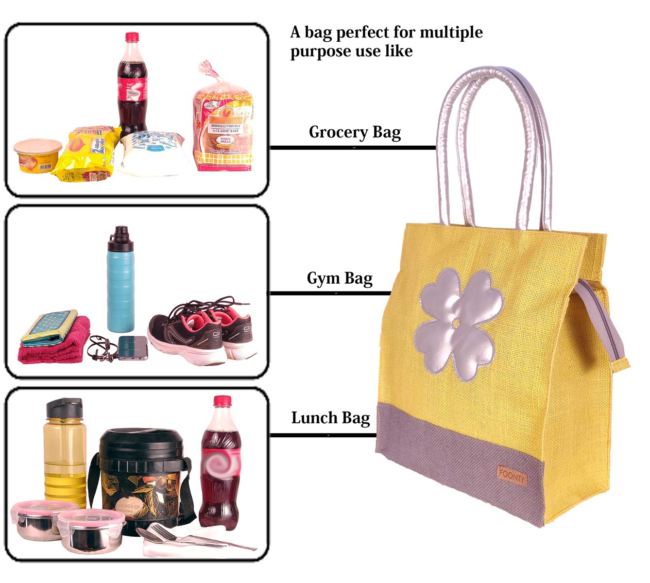 Foonty Exclusive Sunflower Daily Use Jute Lunch Bag(Yellow,FFFWB6015C)