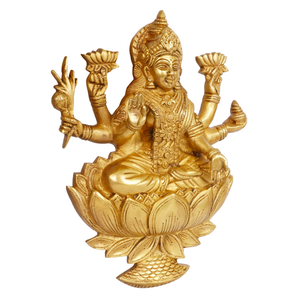 ARTVARKO Big Brass Laxmi Murti Lakshmi Wall Hanging Idol Luxmi Goddess Lakshmi Sitting on Lotus Statue in Blessing Postures for Home Puja Mandir Temple Height 12 Inch