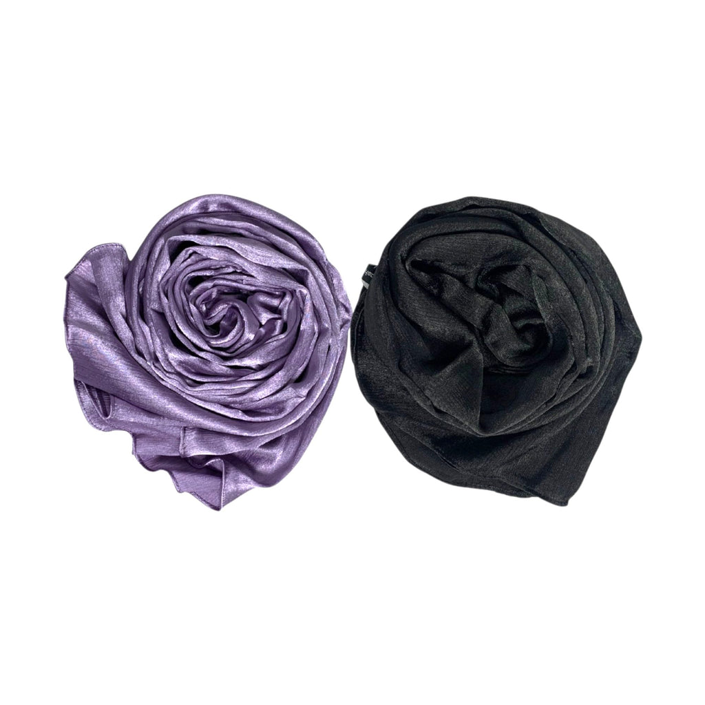 ABZURA Premium Muna Satin Scarf | Soft, Shiny & Stylish | Pack of 2 | 200 cm x 70 cm (LAVENDER-BLACK)