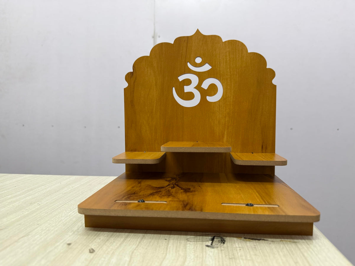 EXPRO Wooden Pooja Stand for Home & Office | Engineered Wood Singhasan for Idols | Wall Mounted & Tabletop Pooja Mandir with OM Design | DIY Small Temple for Living Room & Office (Brown)