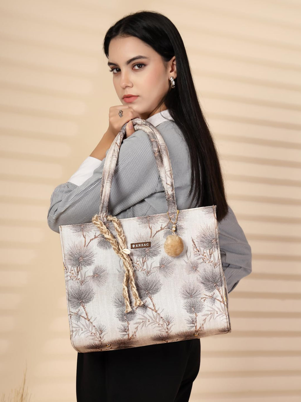 ENSAC Printed Tote Bag With Tessel for Women & Girls | Large Canvas Shoulder Bag with double handle, Stylish Designer Handbag, Spacious, Lightweight, Perfect for Office, College & Shopping Use