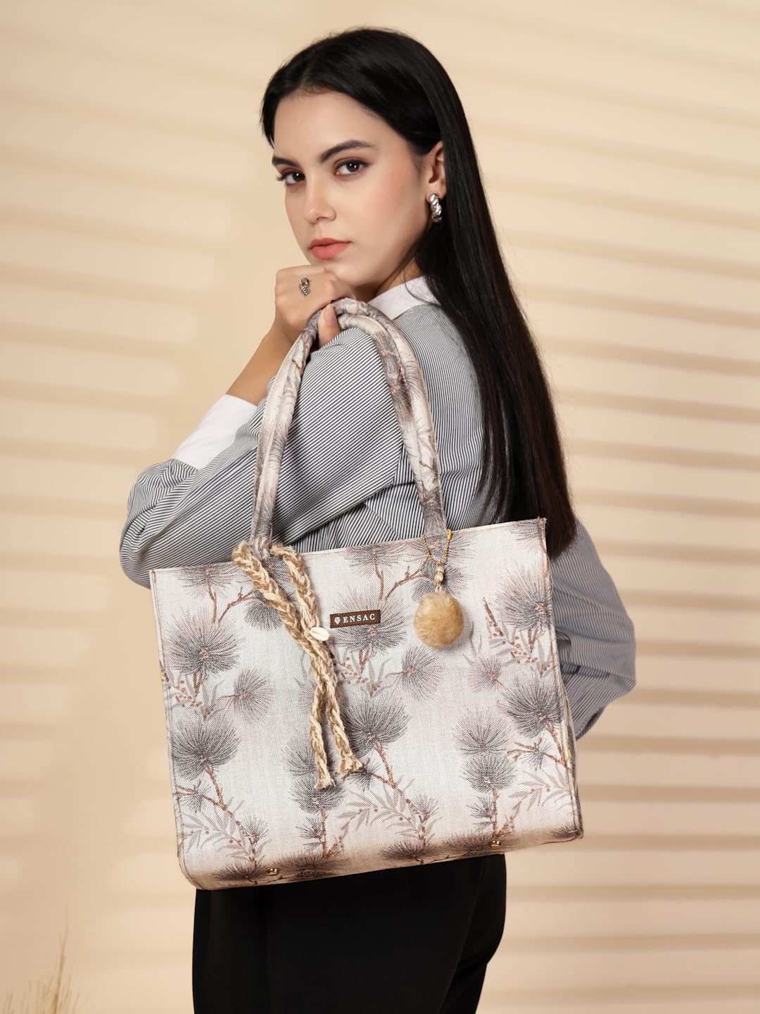 ENSAC Printed Tote Bag With Tessel for Women & Girls | Large Canvas Shoulder Bag with double handle, Stylish Designer Handbag, Spacious, Lightweight, Perfect for Office, College & Shopping Use