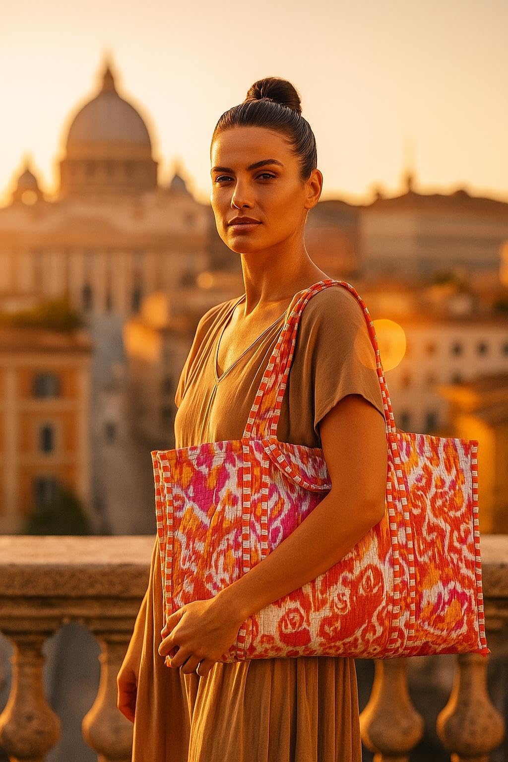 HOUSE OF GULAB Tote Bag for Women Stylish Canvas Handbag with Long Handle Inside Pocket Shoulder Bag Shopping College Office Travel Tote Bag for Girls Daily Use Fashion Bag (Pink & White & Orange)