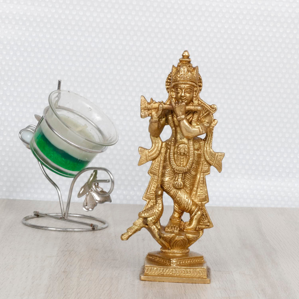 ARTVARKO Brass Krishna Kishan Makhan Chor Laddoo Gopal Thakurji Murti Idol Statue Sculpture for Home Office Temple Puja Gift 6 Inches