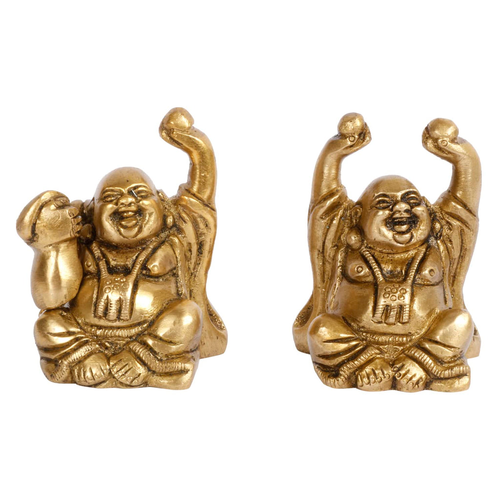 ARTVARKO Brass Feng Shui Chinese Happy Man Set (2 Pcs) Laughing Buddha Golden Statue for Money, Wealth & Good Luck, Decorative Idol Showpiece for Home Decoration Small 6 cm