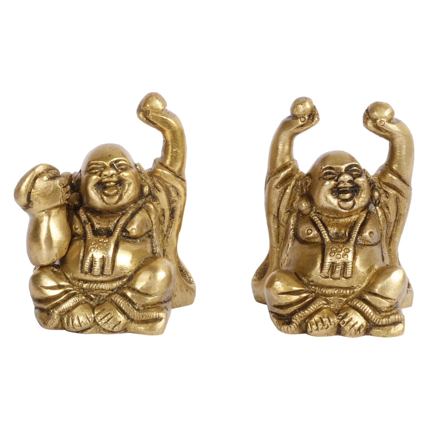 ARTVARKO Brass Feng Shui Chinese Happy Man Set (2 Pcs) Laughing Buddha Golden Statue for Money, Wealth & Good Luck, Decorative Idol Showpiece for Home Decoration Small 6 cm