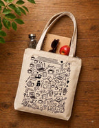 Velmora Canvas Tote Bag for Women and Girls, Printed Cotton Shopping Bag with Long Handles, Reusable Carry Bag with Cat Coffee Book Doodle Print, Lightweight Casual Shoulder Bag, Black(Pack of 1)