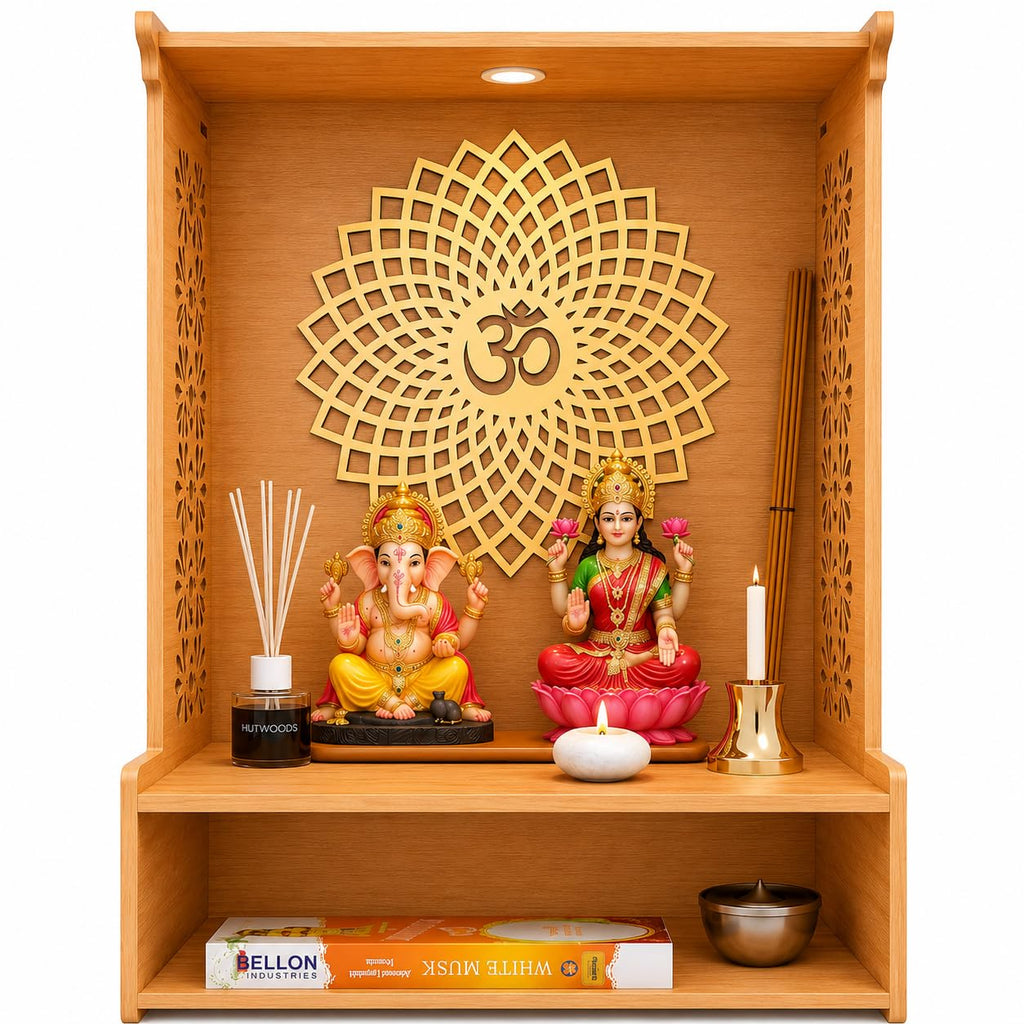 Fliptic Wooden Temple for Home with LED Spotlight | Advance Laminate MDF in Bavarian Beach Finish | Decorative Home Temple for Living Room, Prayer Room, Office & Home Décor | DIY Mandir