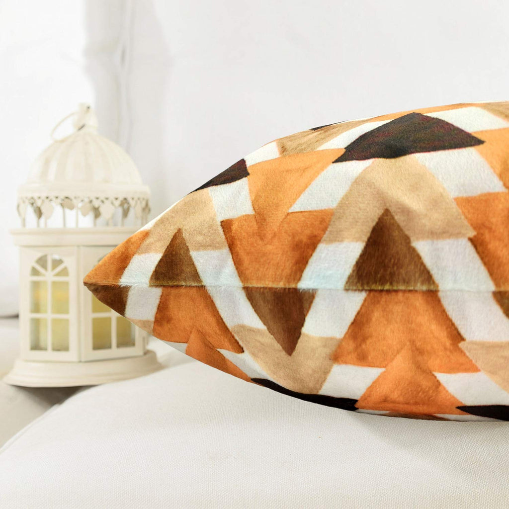 Khooti Velvet Cushion Cover, 24x24 Inch (Triangular Umber)(Pack of 1)